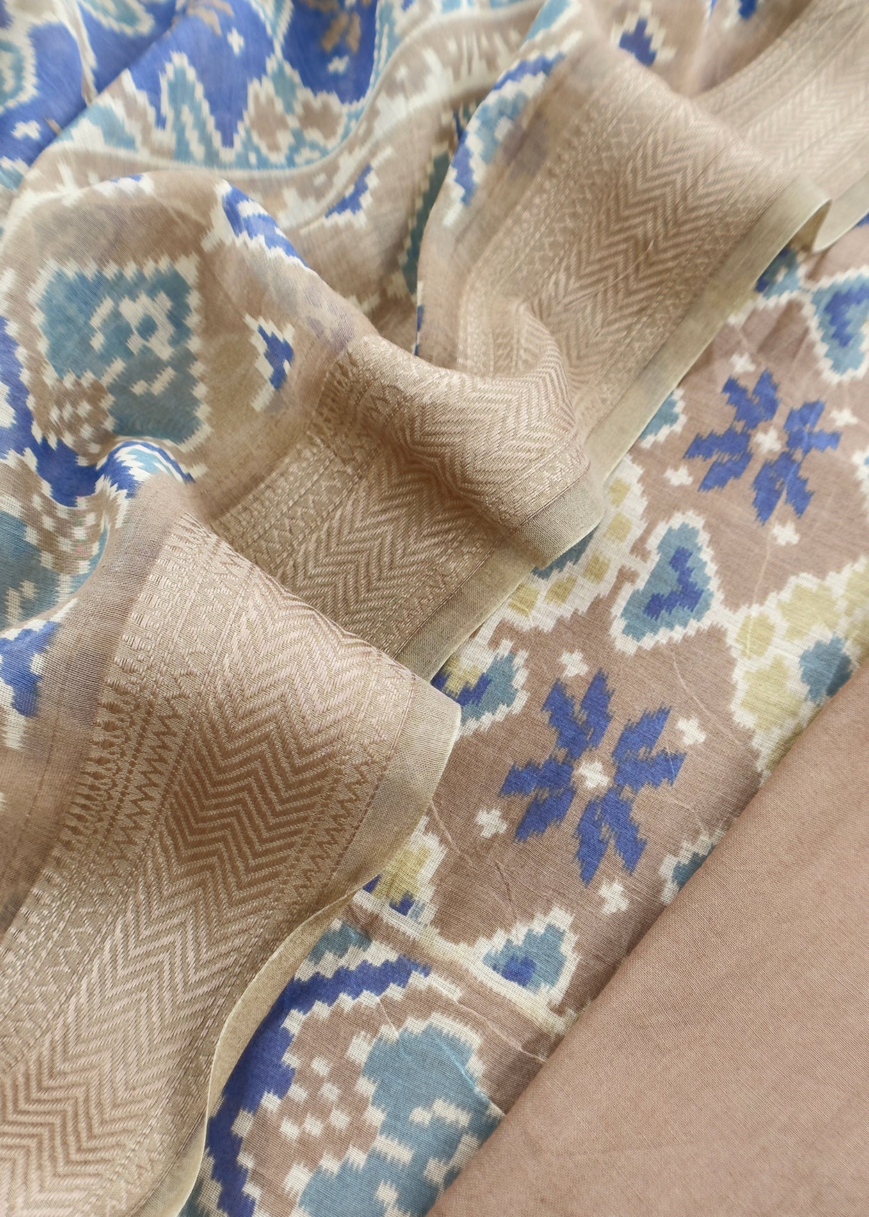 Soft Brown With Blue Handloom Patola Unstitched Suit In Mulmul
