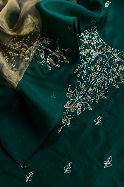 Bottle Green Handloom Kora Silk Suit With Pitta Embroidery