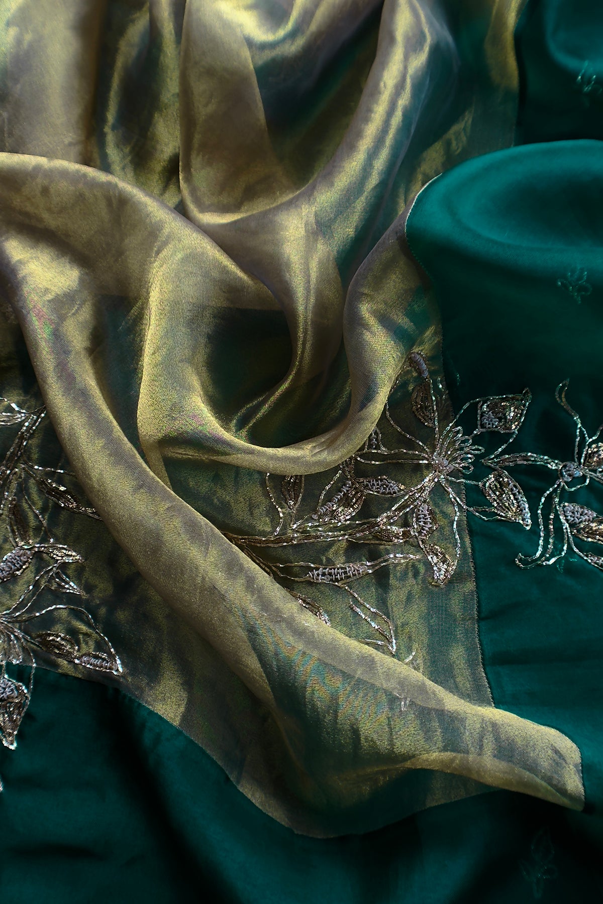 Bottle Green Handloom Kora Silk Suit With Pitta Embroidery