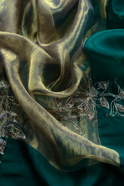 Bottle Green Handloom Kora Silk Suit With Pitta Embroidery