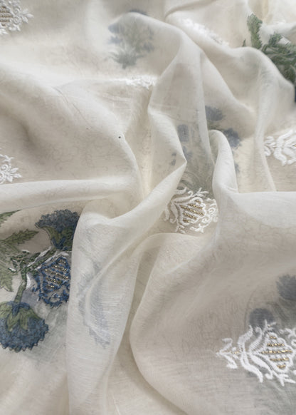 White With Blue Pure Mul Handblock Print Suit With Chikan Embroidery