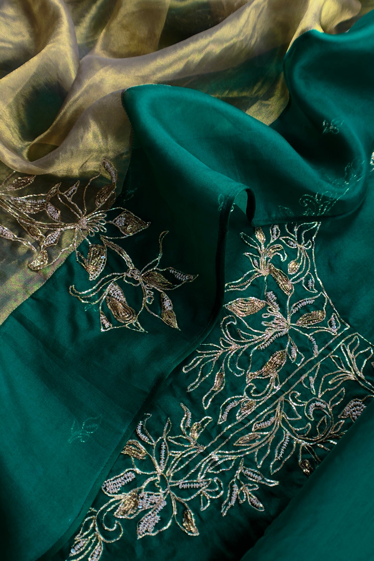 Bottle Green Handloom Kora Silk Suit With Pitta Embroidery