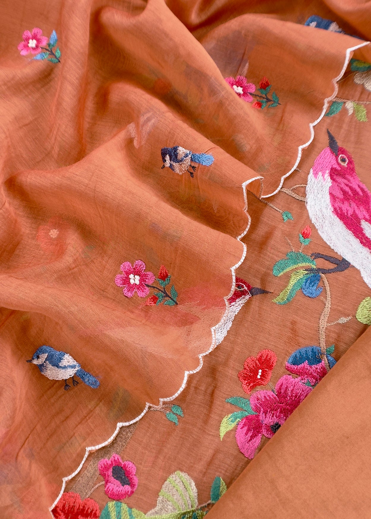 Brown Pure Mul Cotton Chidiya Embroidered Suit With Dupatta