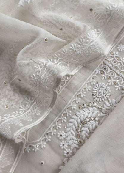 White With Yellow Pure Mul Handblock Print Suit With Chikan Embroidery