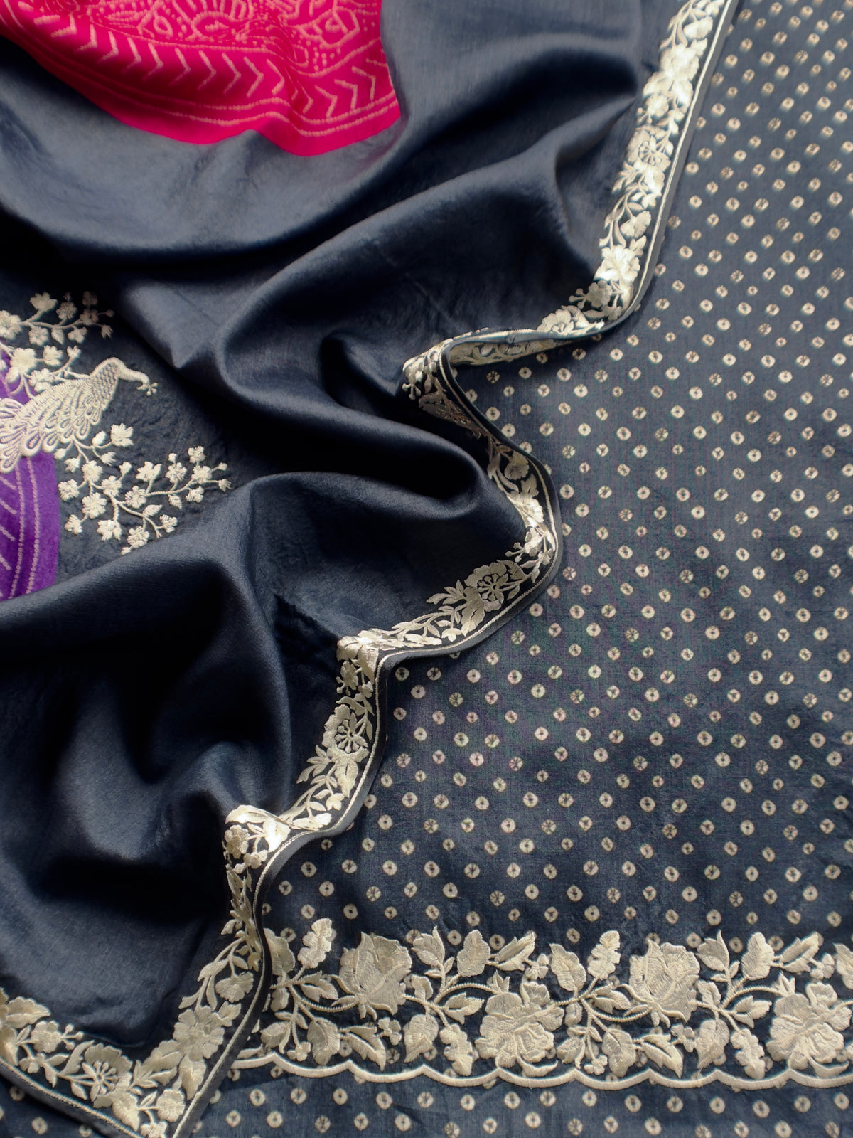 Navy Blue Pure Handwoven Silk Suit With Tussar Bandhani Dupatta
