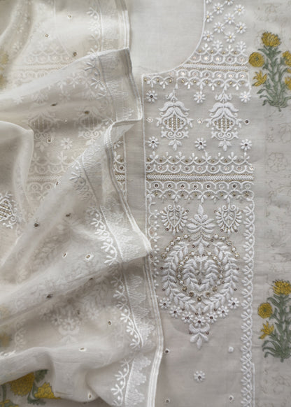 White With Yellow Pure Mul Handblock Print Suit With Chikan Embroidery