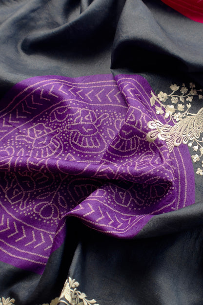 Navy Blue Pure Handwoven Silk Suit With Tussar Bandhani Dupatta