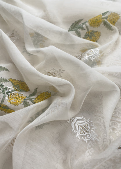 White With Yellow Pure Mul Handblock Print Suit With Chikan Embroidery