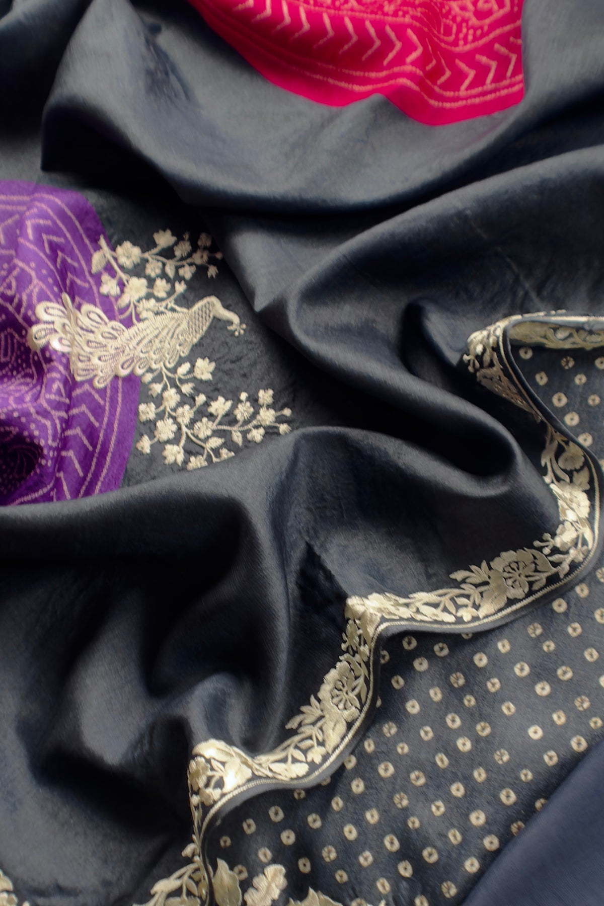 Navy Blue Pure Handwoven Silk Suit With Tussar Bandhani Dupatta