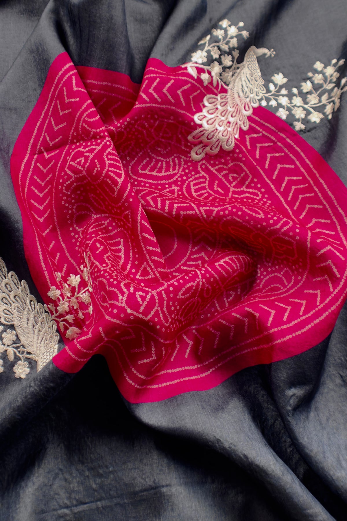 Navy Blue Pure Handwoven Silk Suit With Tussar Bandhani Dupatta