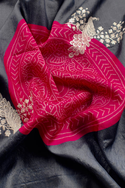 Navy Blue Pure Handwoven Silk Suit With Tussar Bandhani Dupatta