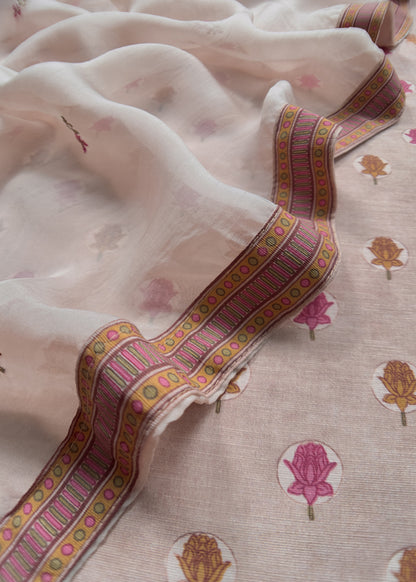 Pink Muslin Unstitched Suit With Embroidered Dupatta