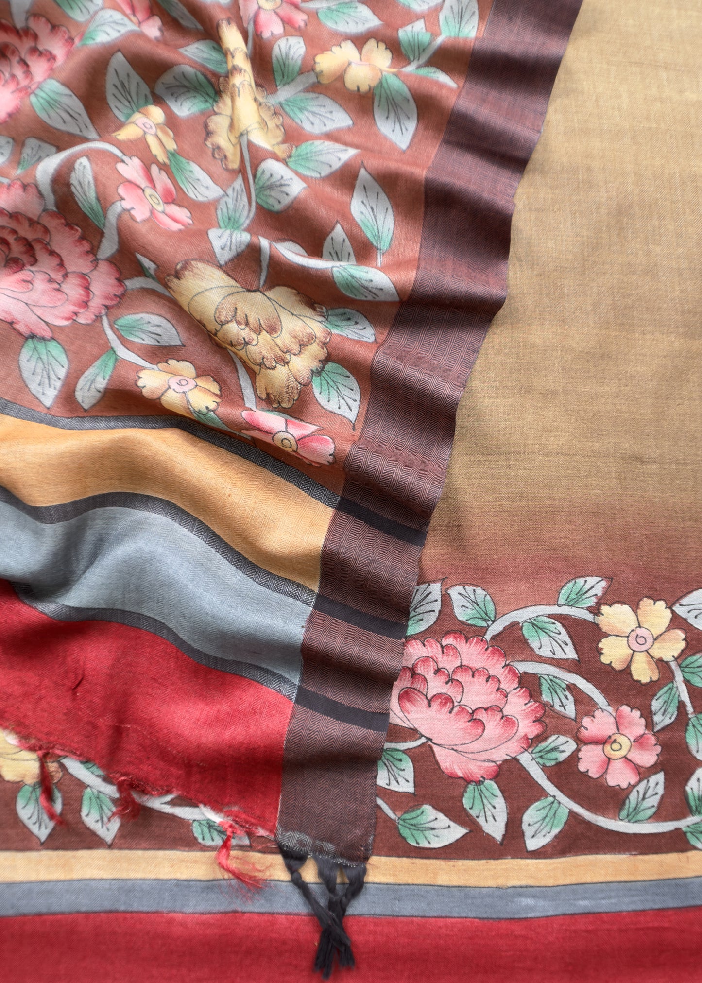 Brown Handloom Pashmina Suit With Hand Painted Kalamakari