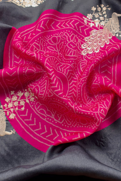 Navy Blue Pure Handwoven Silk Suit With Tussar Bandhani Dupatta