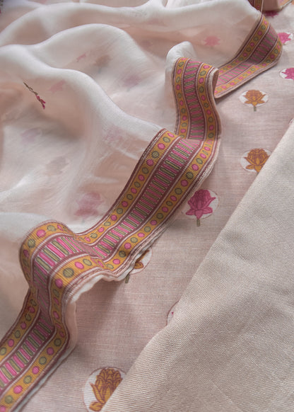 Pink Muslin Unstitched Suit With Embroidered Dupatta