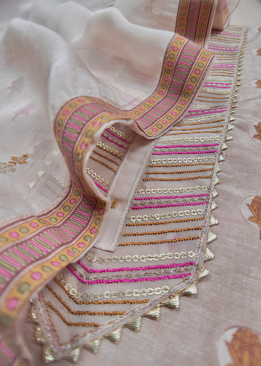 Pink Muslin Unstitched Suit With Embroidered Dupatta