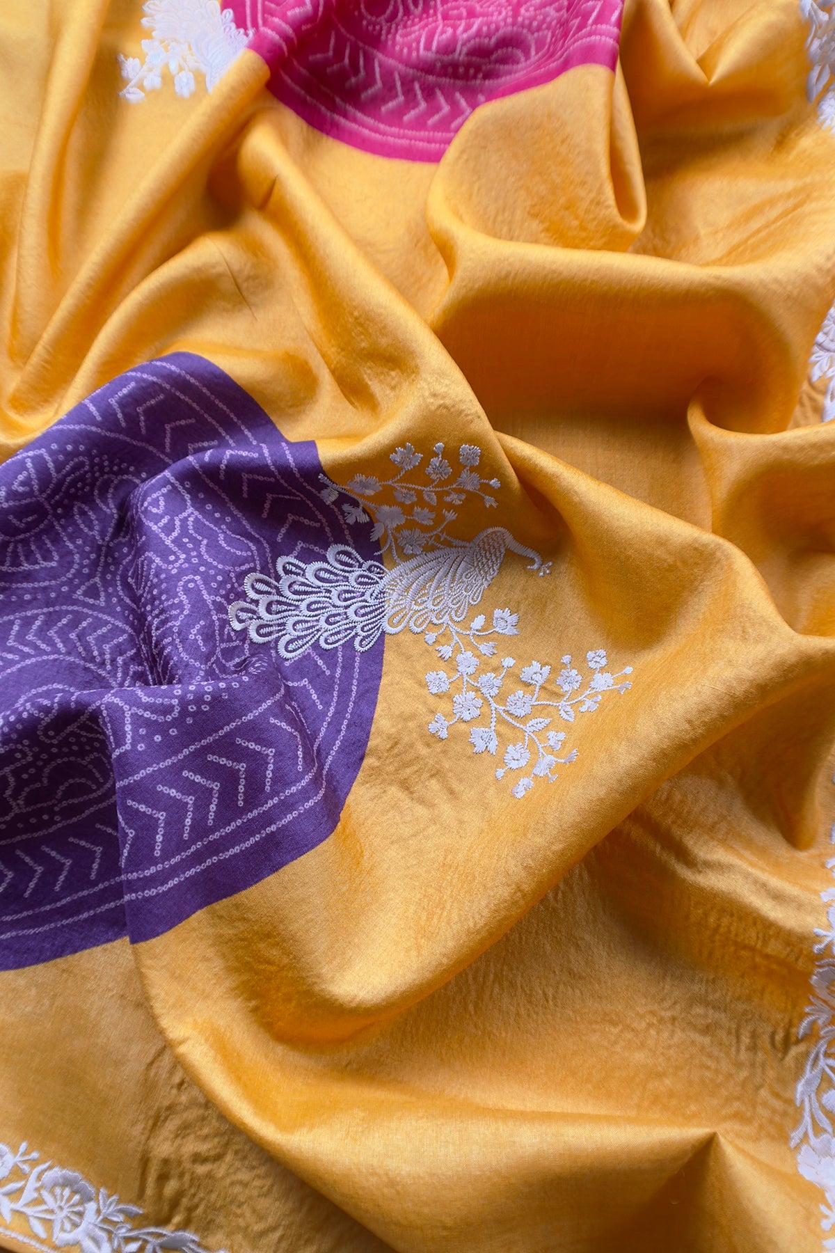 Yellow Pure Handwoven Silk Suit With Tussar Bandhani Dupatta
