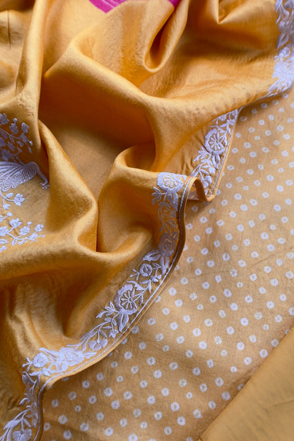 Yellow Pure Handwoven Silk Suit With Tussar Bandhani Dupatta