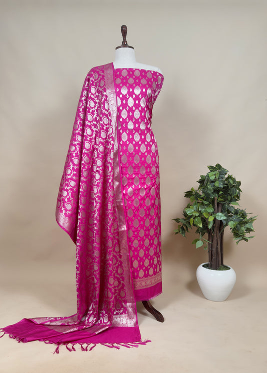 Rani Pink Banarasi Katan Silk Suit With Dupatta