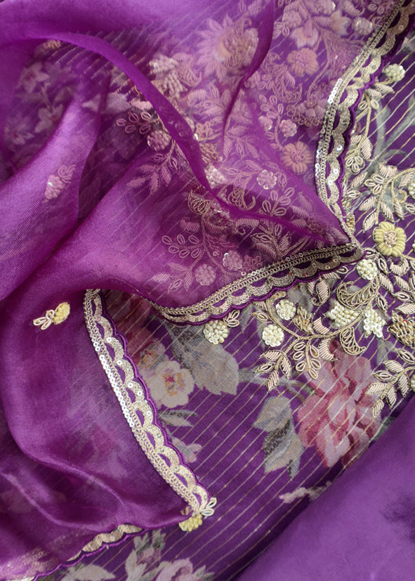 Kalasheel Luxe Deep Violet Pure Organza Suit With Zardosi And Dabka Handwork