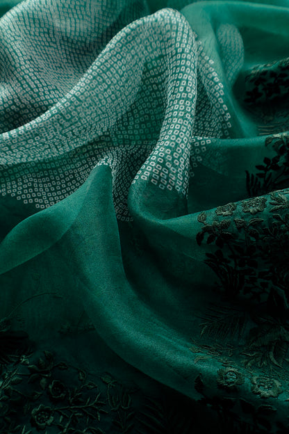 Green Embroidered Organza Silk Unstitched Suit With Bandhani Dupatta