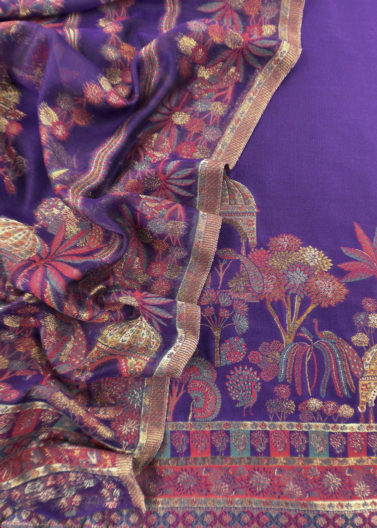 Purple Pure Silk Suit With Kani Gold Zari Weaving