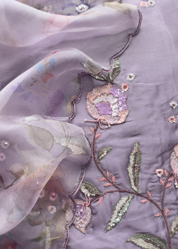 Petal and Poise Lavender Pure Organza Suit with Sequin and Appliqué Handwork