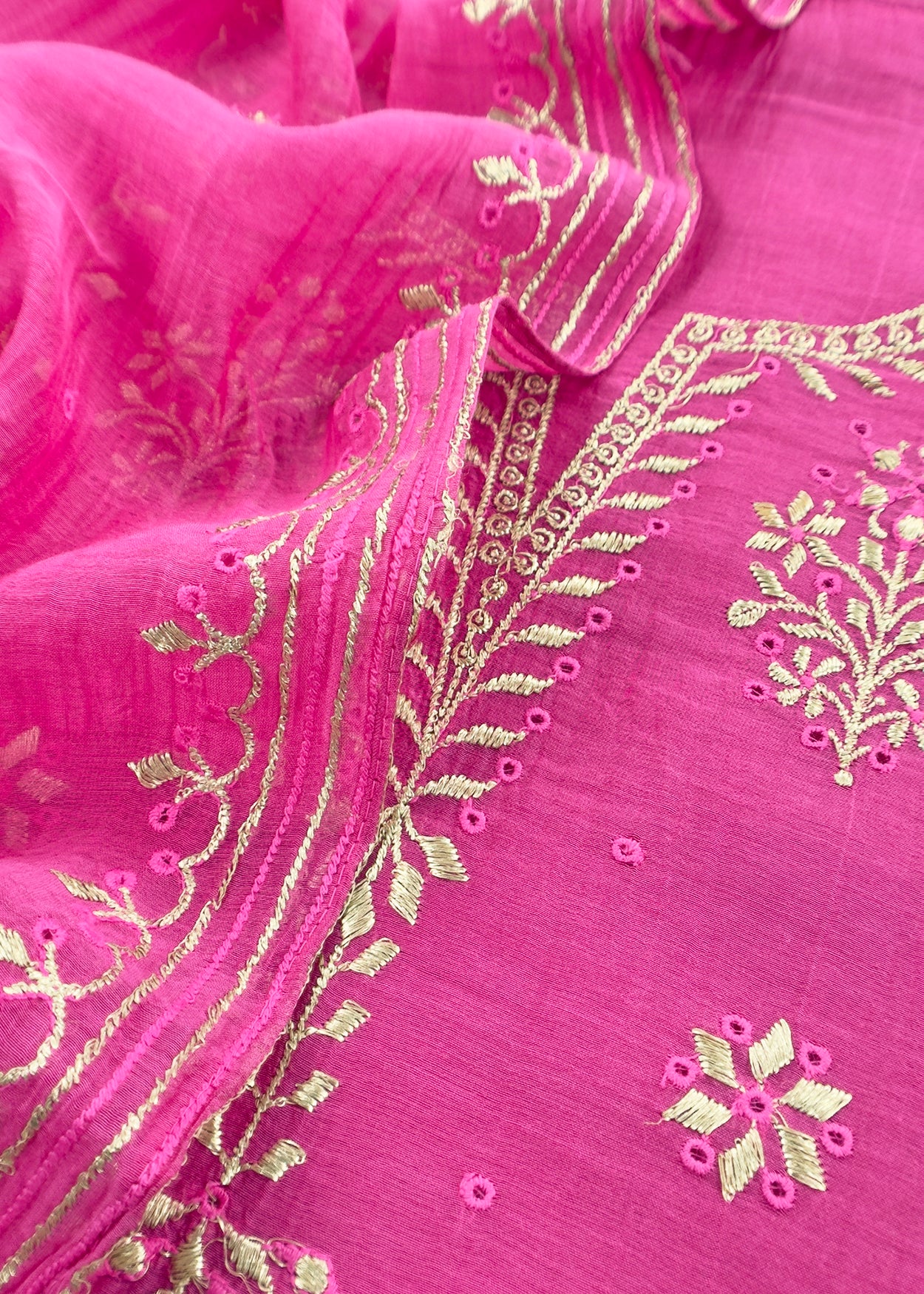 Pink Handloom Mul Chanderi Suit With Gold Pitta Hand Work And Embroidery