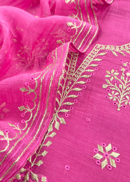 Pink Handloom Mul Chanderi Suit With Gold Pitta Hand Work And Embroidery