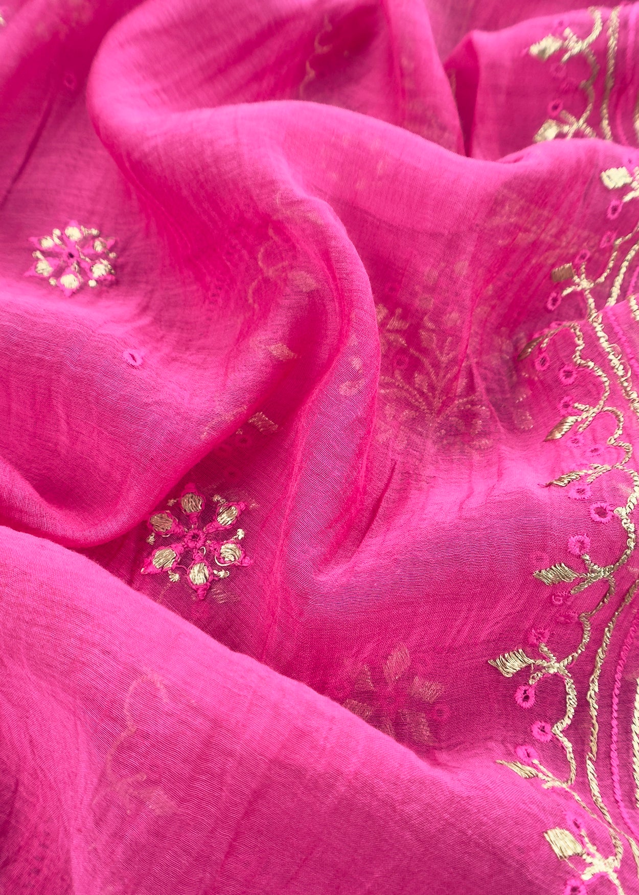 Pink Handloom Mul Chanderi Suit With Gold Pitta Hand Work And Embroidery