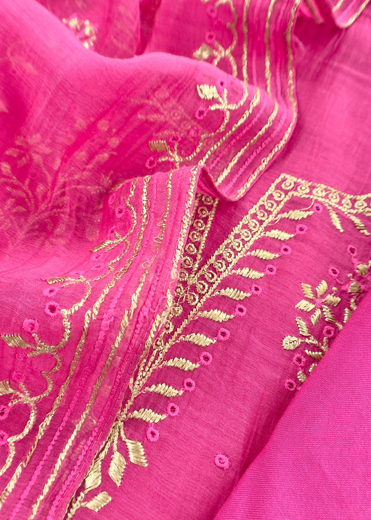 Pink Handloom Mul Chanderi Suit With Gold Pitta Hand Work And Embroidery