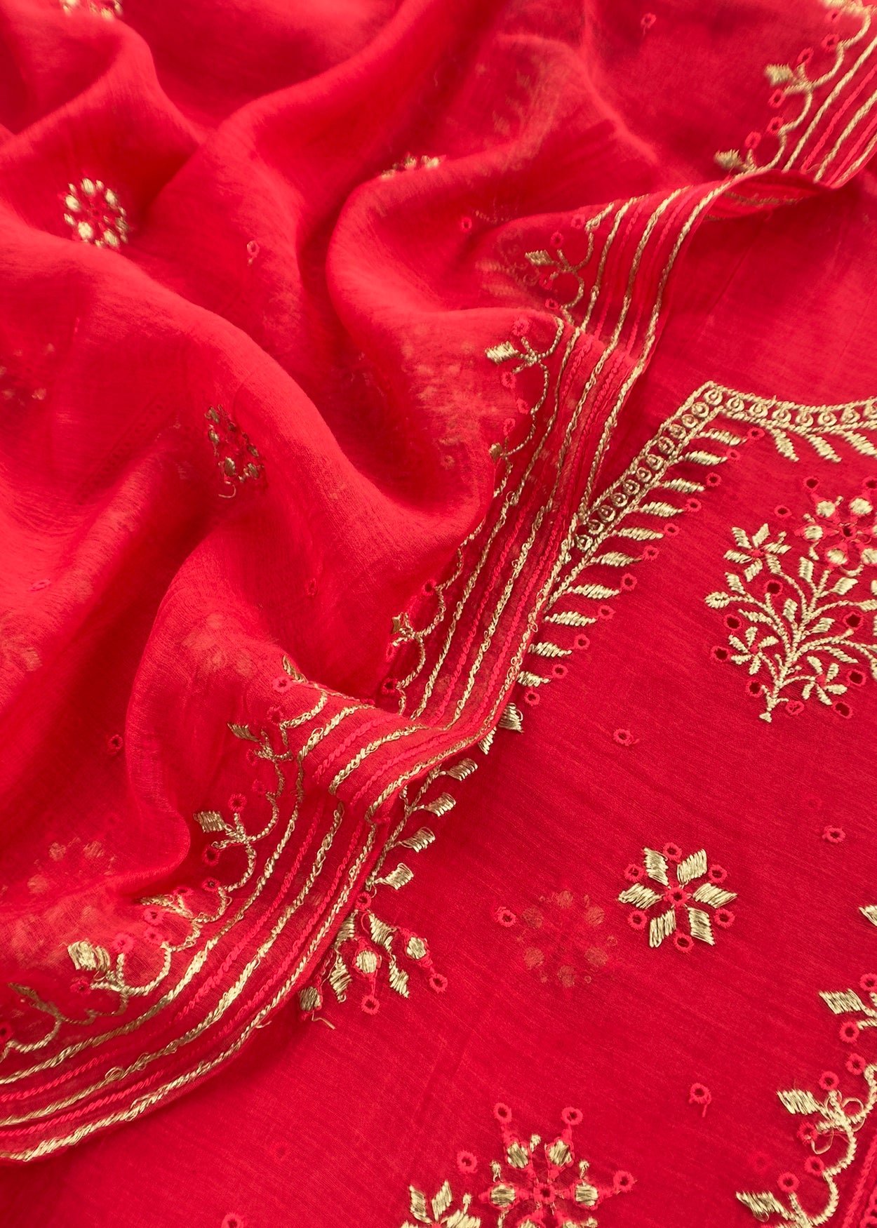 Red Handloom Mul Chanderi Suit With Gold Pitta Hand Work And Embroidery