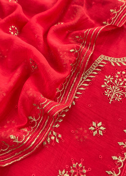 Red Handloom Mul Chanderi Suit With Gold Pitta Hand Work And Embroidery