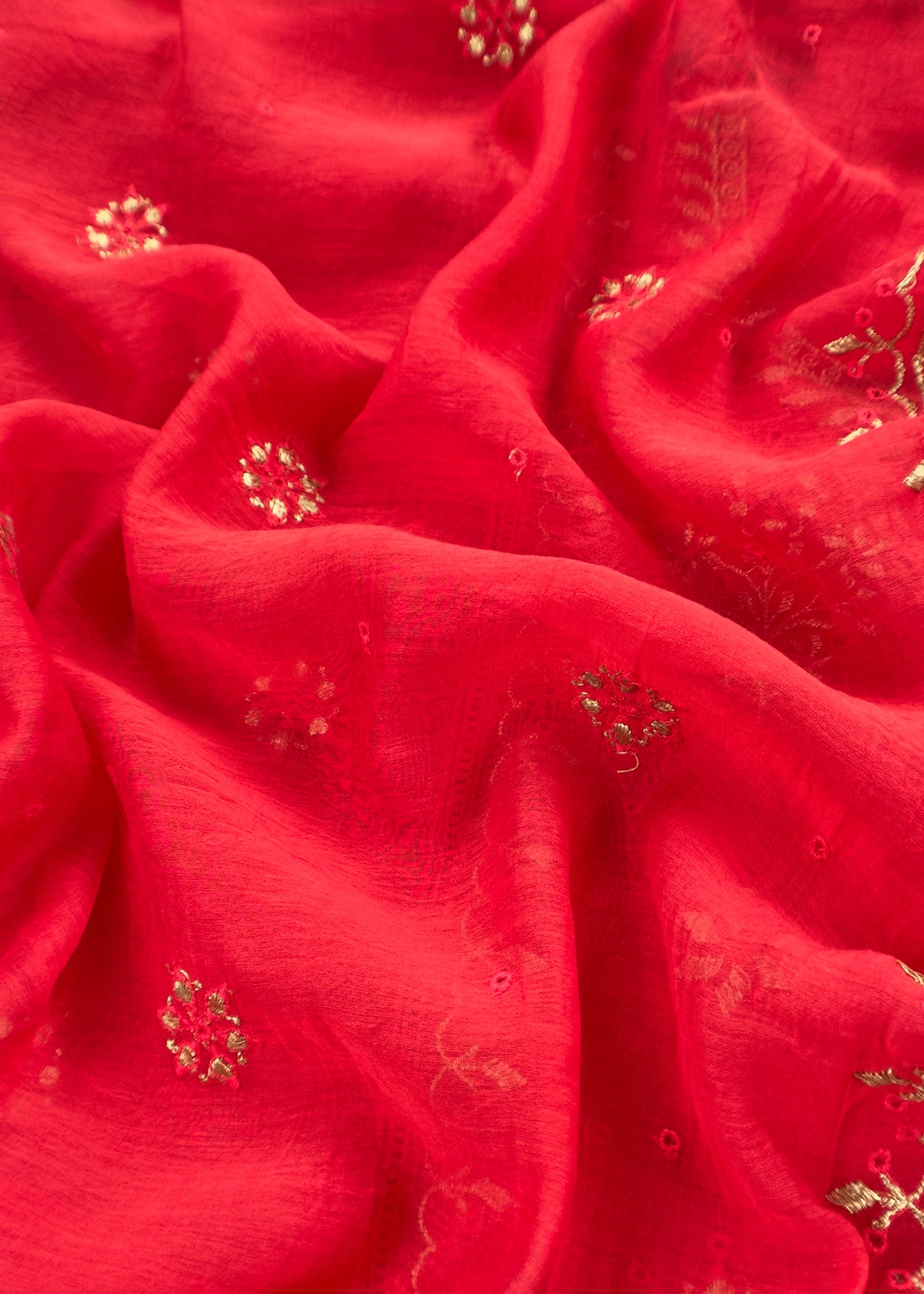 Red Handloom Mul Chanderi Suit With Gold Pitta Hand Work And Embroidery