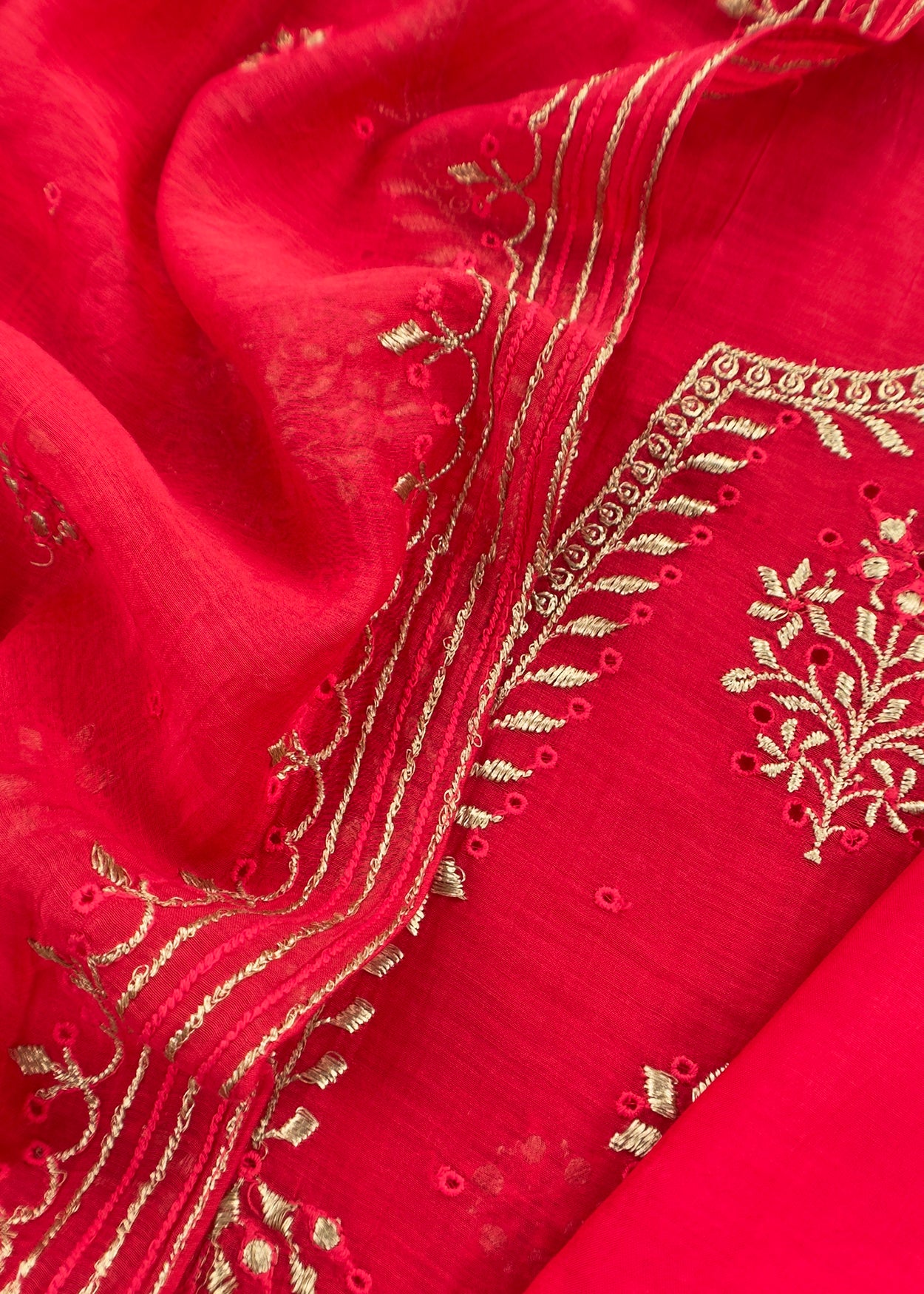 Red Handloom Mul Chanderi Suit With Gold Pitta Hand Work And Embroidery