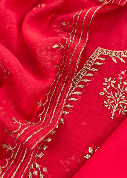 Red Handloom Mul Chanderi Suit With Gold Pitta Hand Work And Embroidery