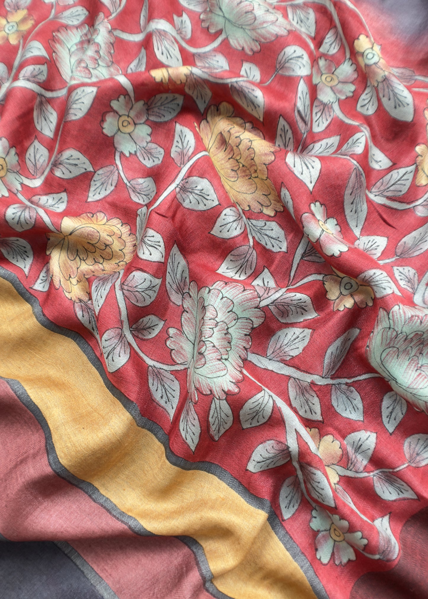 Pure Unstitched Pashmina Suit Hand-Painted Kalamkari Pashmina Dupatta