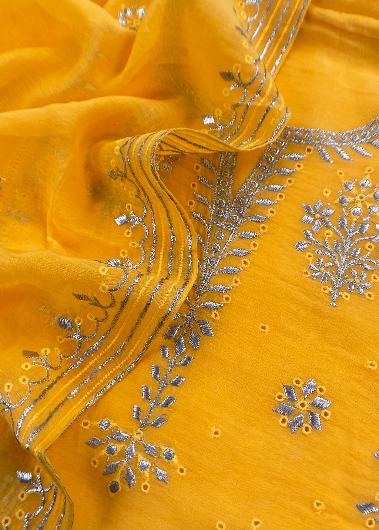 Yellow Handloom Mul Chanderi Suit With Gold Pitta Hand Work And Embroidery