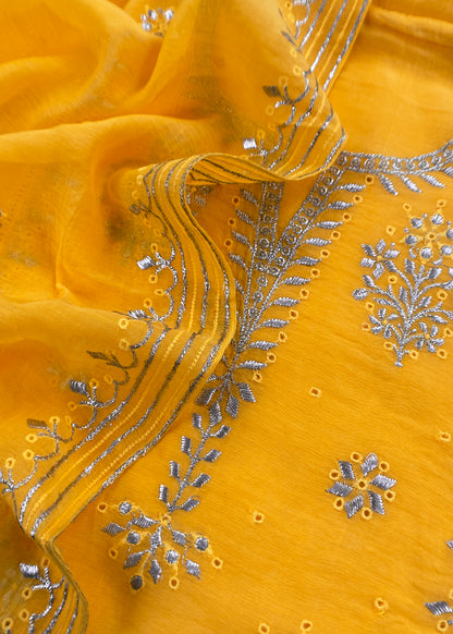 Yellow Handloom Mul Chanderi Suit With Gold Pitta Hand Work And Embroidery