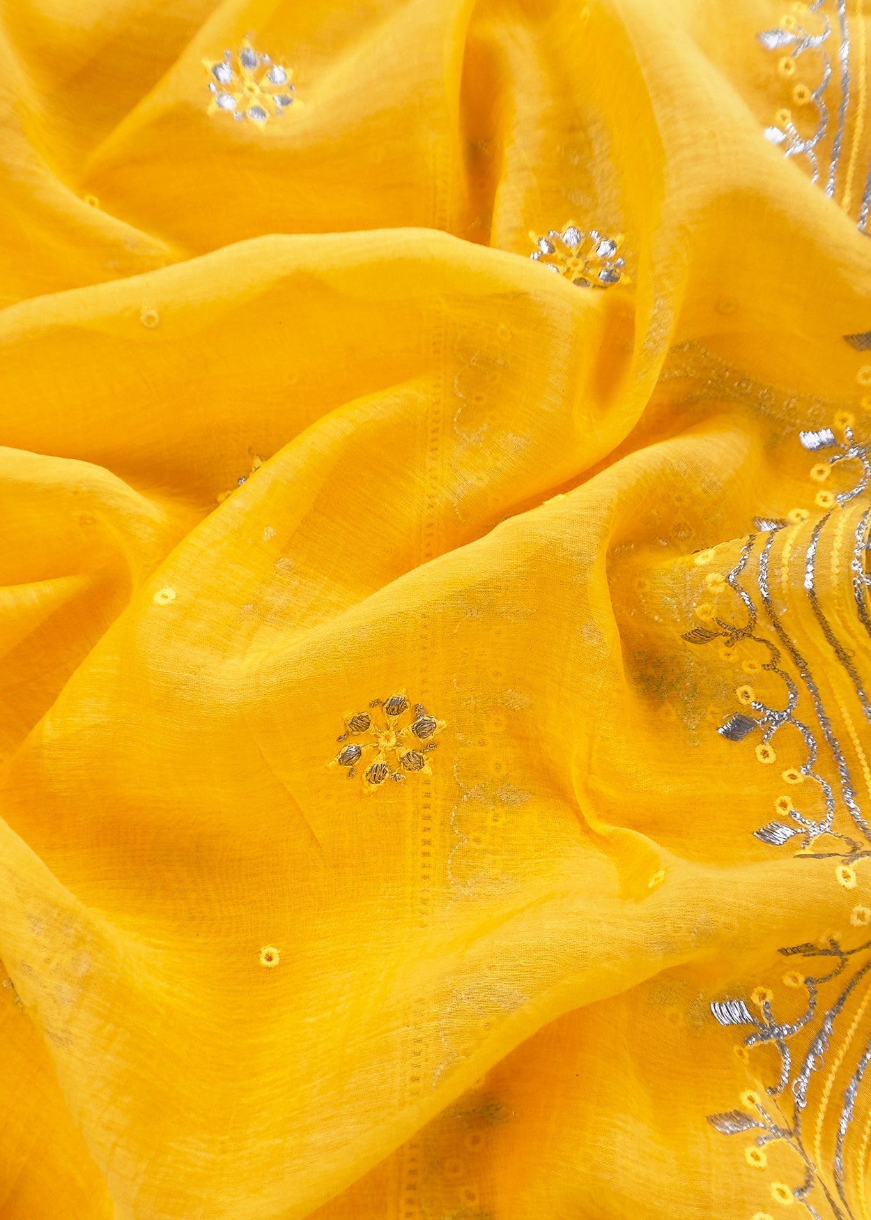 Yellow Handloom Mul Chanderi Suit With Gold Pitta Hand Work And Embroidery