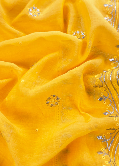 Yellow Handloom Mul Chanderi Suit With Gold Pitta Hand Work And Embroidery