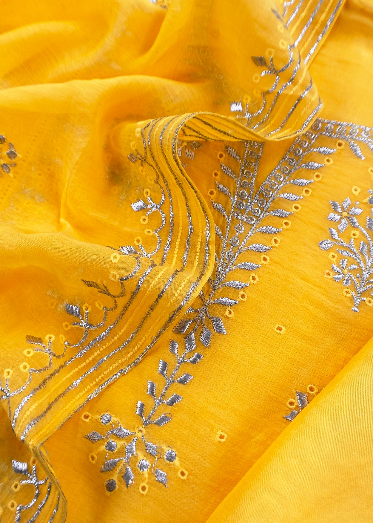 Yellow Handloom Mul Chanderi Suit With Gold Pitta Hand Work And Embroidery