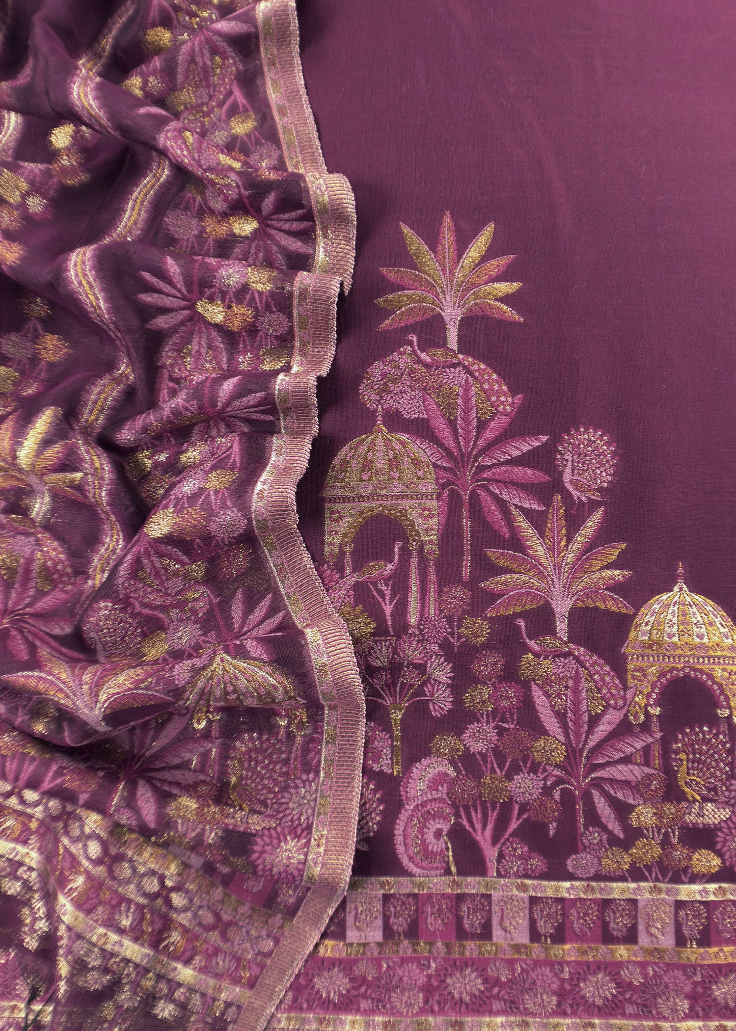 Wine Pure Silk Suit With Kani Gold Zari Weaving