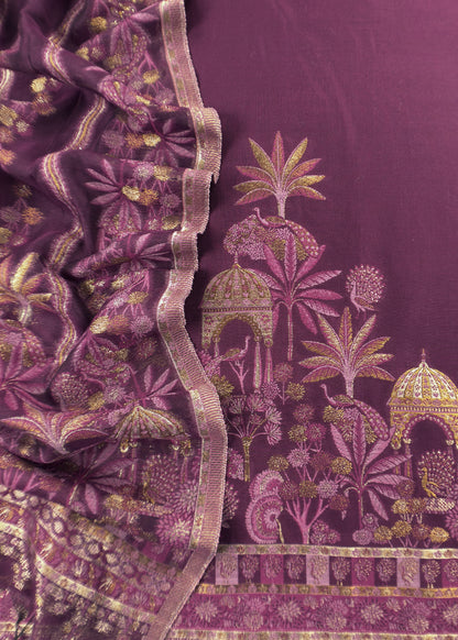 Wine Pure Silk Suit With Kani Gold Zari Weaving