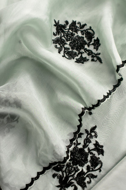 Mint Green Pure Kora Silk Suit With Handwork