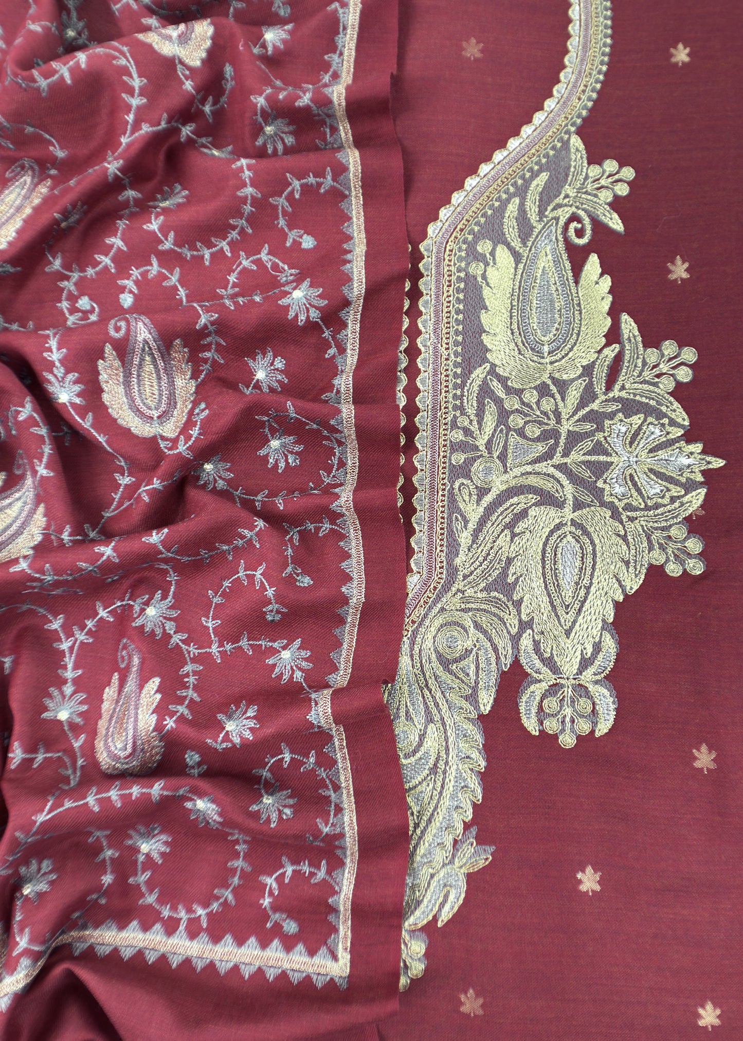 Maroon Merino Wool Unstitched Suit in Aari Embroidery