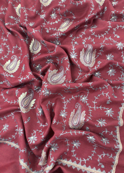 Maroon Merino Wool Unstitched Suit in Aari Embroidery