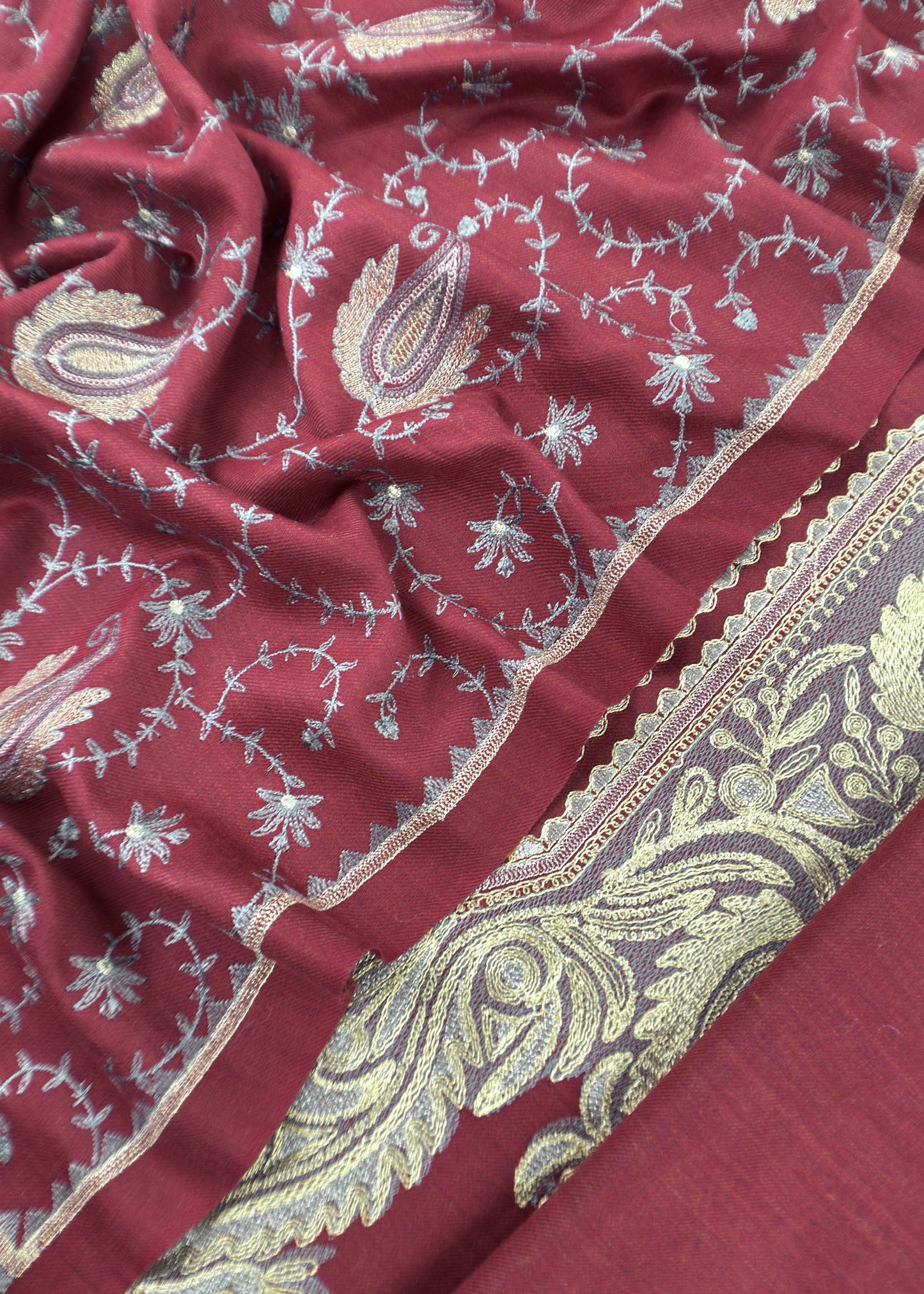 Maroon Merino Wool Unstitched Suit in Aari Embroidery