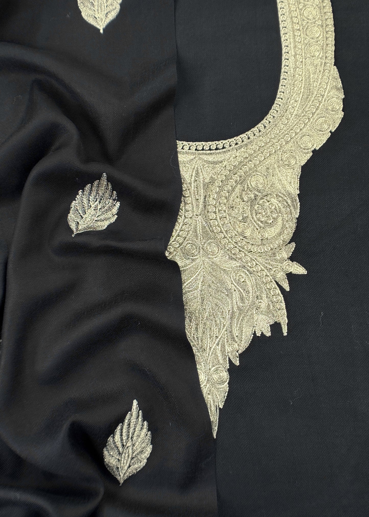 Black Woolen Unstitched Suit With Aari Zari Embroidery