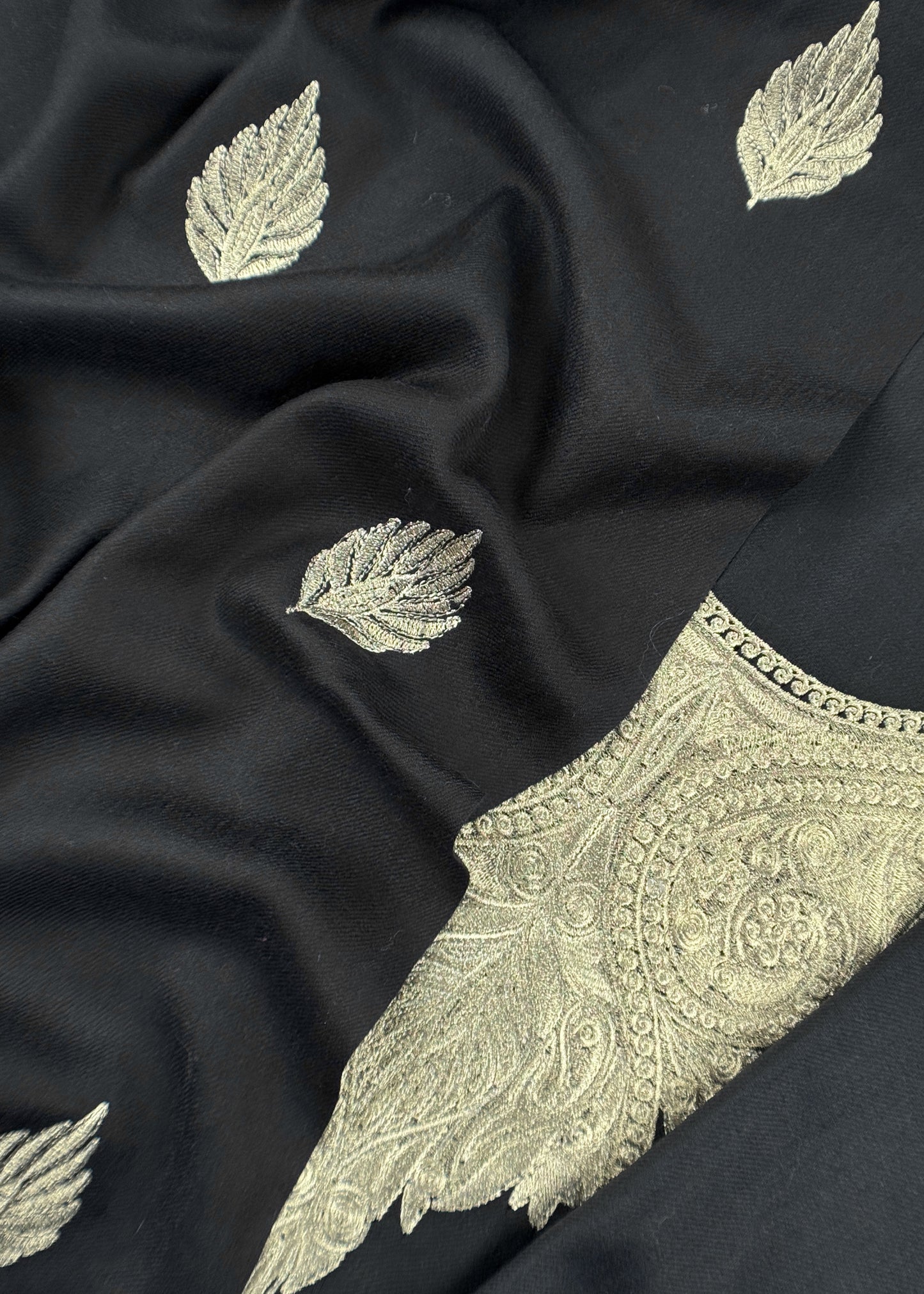 Black Woolen Unstitched Suit With Aari Zari Embroidery
